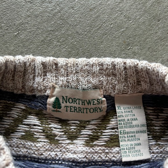 Vintage 90s Northwest Territory Sweater Size XL Tan Blue Striped Pullover Knit - Picture 3 of 5